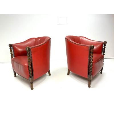 1930s Swedish Red Leather Chairs a Pair