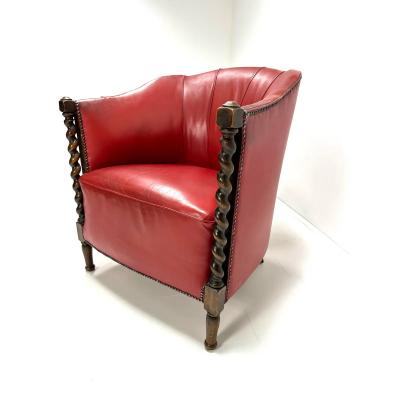 1930s Swedish Red Leather Chairs a Pair