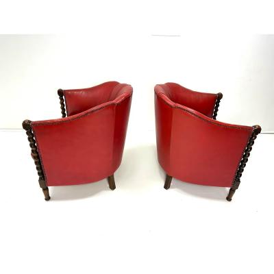 1930s Swedish Red Leather Chairs a Pair