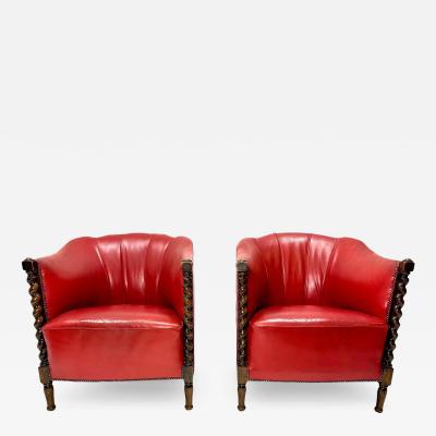 1930s Swedish Red Leather Chairs a Pair