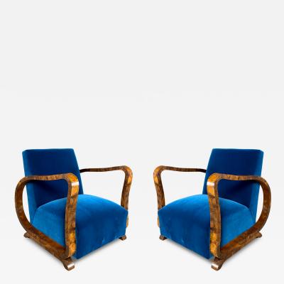 1930s Viennese pair figural burl walnut Art Deco lounge chairs
