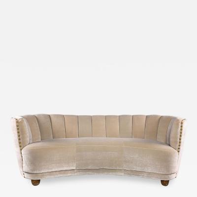 1930s classic Danish curved 3 seat sofa in new camel velvet