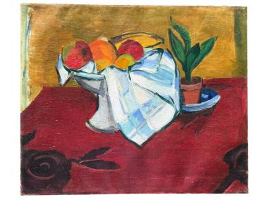 1936 ABSTRACT STILL LIFE OF FRUIT IN PEDESTAL BOWL ON ROSE DESIGN CLOTH PAINTING