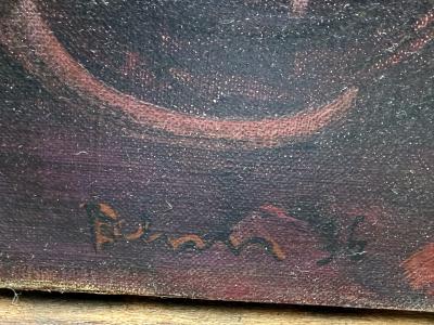 1936 ABSTRACT STILL LIFE OF FRUIT IN PEDESTAL BOWL ON ROSE DESIGN CLOTH PAINTING