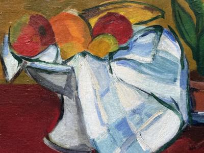 1936 ABSTRACT STILL LIFE OF FRUIT IN PEDESTAL BOWL ON ROSE DESIGN CLOTH PAINTING