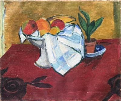 1936 ABSTRACT STILL LIFE OF FRUIT IN PEDESTAL BOWL ON ROSE DESIGN CLOTH PAINTING