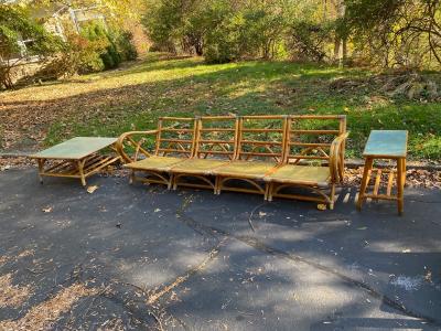 1940S BAMBOO SETTEE ARMCHAIRS COFFEE TABLE AND SIDE TABLE SUITE