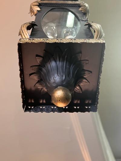 1940S BLACK ENAMEL GLASS GOLD TOLE LANTERN FIXTURE