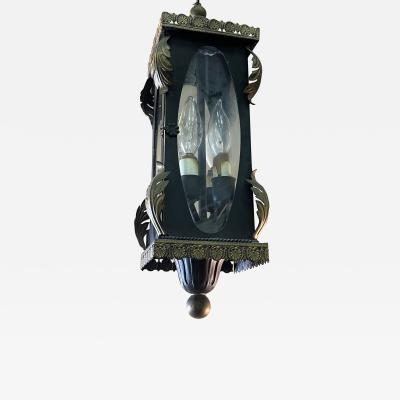 1940S BLACK ENAMEL GLASS GOLD TOLE LANTERN FIXTURE