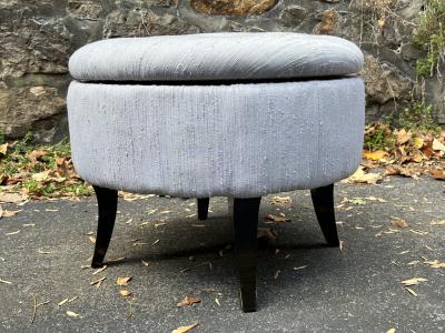 1940S BUTTON TUFTED SWIVELING STOOL WITH FLARED WOOD LEGS