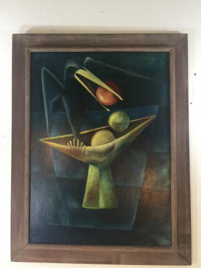 1940S CUBIST OIL PAINTING OF BLACK BIRD WITH BOWL OF FRUIT