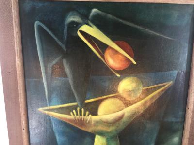 1940S CUBIST OIL PAINTING OF BLACK BIRD WITH BOWL OF FRUIT