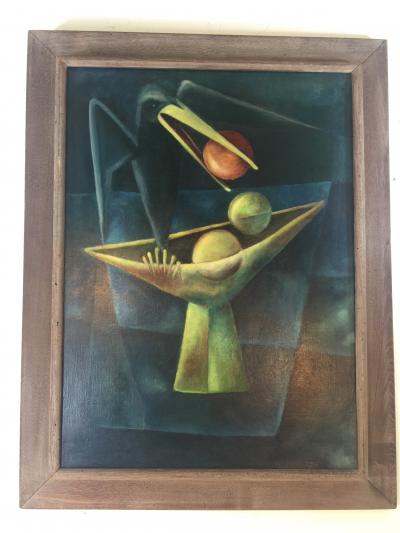 1940S CUBIST OIL PAINTING OF BLACK BIRD WITH BOWL OF FRUIT