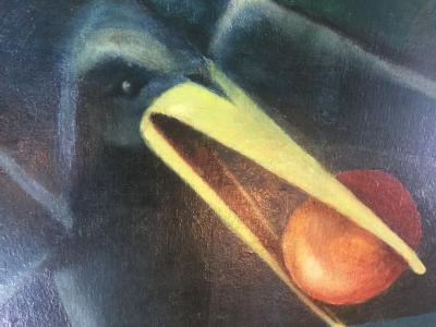 1940S CUBIST OIL PAINTING OF BLACK BIRD WITH BOWL OF FRUIT