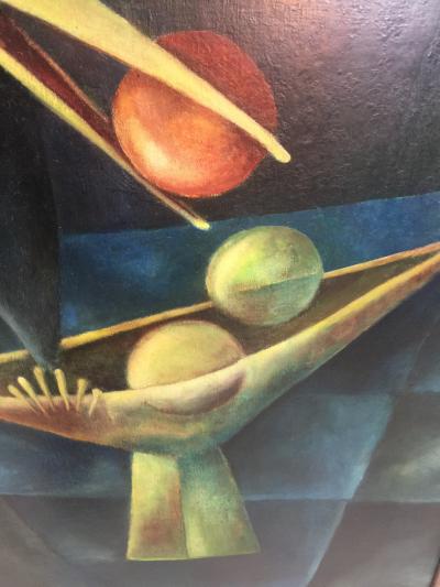 1940S CUBIST OIL PAINTING OF BLACK BIRD WITH BOWL OF FRUIT