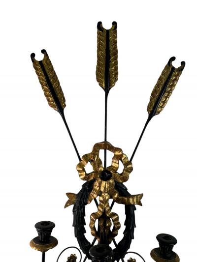 1940S PAIR REGENCY GILT BLACK WOOD BUNDLE OF ARROWS THREE CANDLE WALL SCONCES