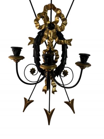 1940S PAIR REGENCY GILT BLACK WOOD BUNDLE OF ARROWS THREE CANDLE WALL SCONCES