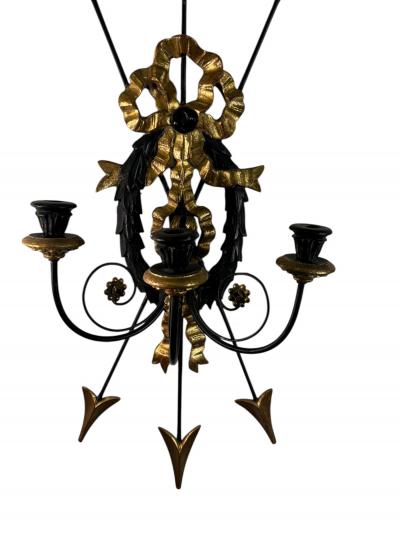 1940S PAIR REGENCY GILT BLACK WOOD BUNDLE OF ARROWS THREE CANDLE WALL SCONCES