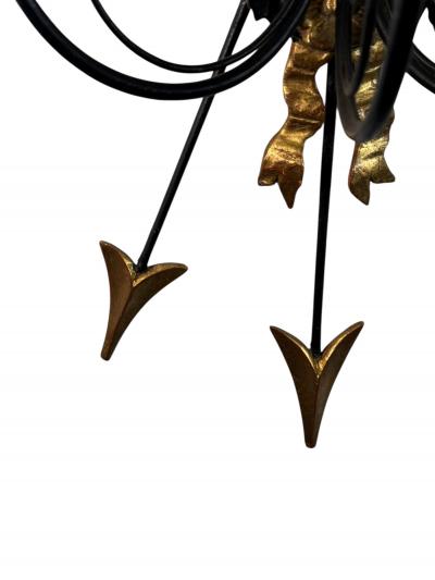 1940S PAIR REGENCY GILT BLACK WOOD BUNDLE OF ARROWS THREE CANDLE WALL SCONCES