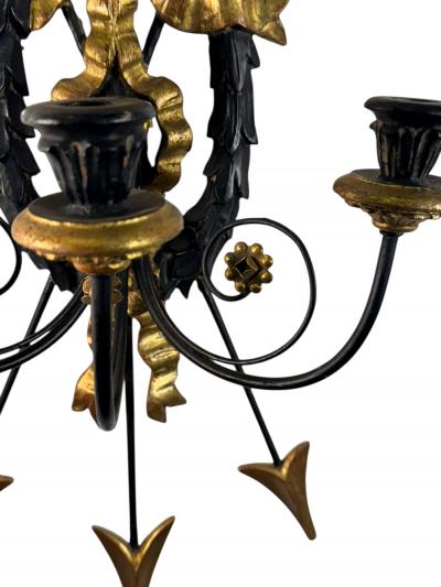 1940S PAIR REGENCY GILT BLACK WOOD BUNDLE OF ARROWS THREE CANDLE WALL SCONCES