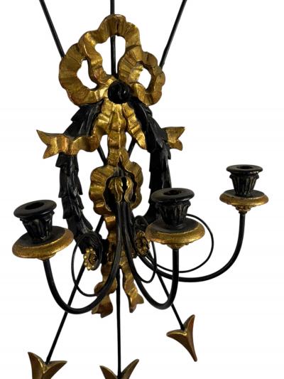 1940S PAIR REGENCY GILT BLACK WOOD BUNDLE OF ARROWS THREE CANDLE WALL SCONCES
