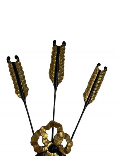 1940S PAIR REGENCY GILT BLACK WOOD BUNDLE OF ARROWS THREE CANDLE WALL SCONCES