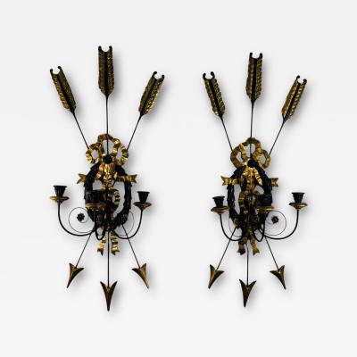 1940S PAIR REGENCY GILT BLACK WOOD BUNDLE OF ARROWS THREE CANDLE WALL SCONCES