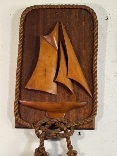 1940S WOODEN CARVED SAILBOAT PLAQUES WITH KNOTTED ROPE FRAME