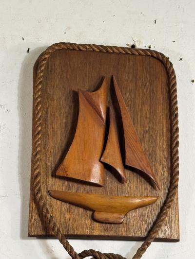 1940S WOODEN CARVED SAILBOAT PLAQUES WITH KNOTTED ROPE FRAME