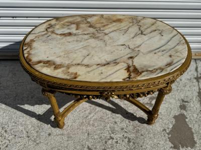1940s Carved Louis XVI Oval Marble Top Coffee Table