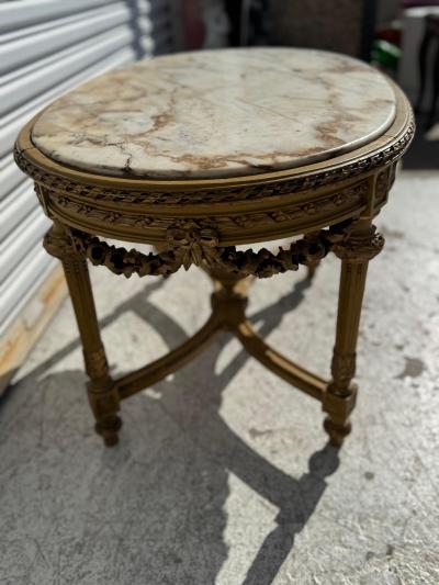 1940s Carved Louis XVI Oval Marble Top Coffee Table