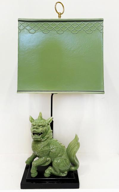 1940s Chinoiserie Celadon Porcelain Foo Dog Lamp Custom Shade