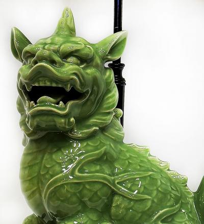 1940s Chinoiserie Celadon Porcelain Foo Dog Lamp Custom Shade