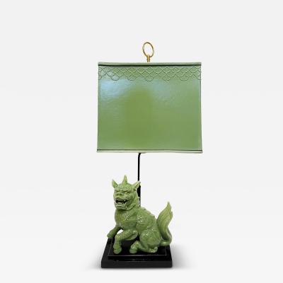 1940s Chinoiserie Celadon Porcelain Foo Dog Lamp Custom Shade