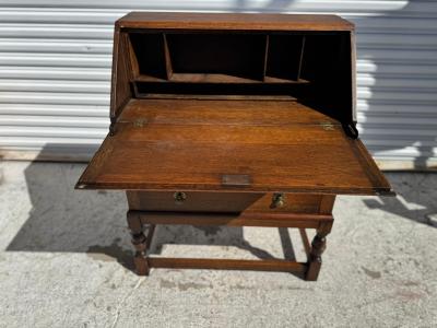 1940s English Oak Drop Front Secretary