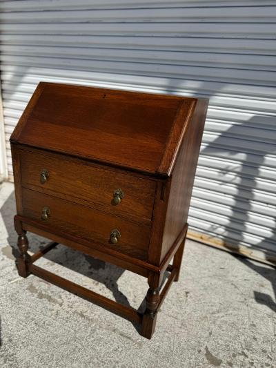 1940s English Oak Drop Front Secretary