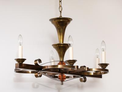 1940s French Art Deco Brass Chandelier