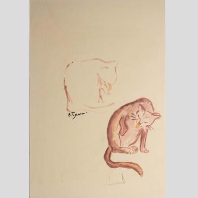 1940s French lithograph of a Study of cat