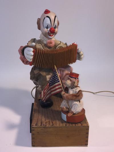 1940s HAND MADE CLOWN PLAYING ACCORDIAN AND MONKEY WITH FLAG AUTOMATON