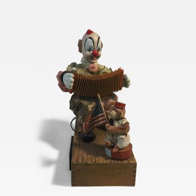 1940s HAND MADE CLOWN PLAYING ACCORDIAN AND MONKEY WITH FLAG AUTOMATON