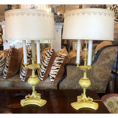 1940s Hollywood Regency Yellow Tole Bouillotte Lamps with Custom Shade a Pair
