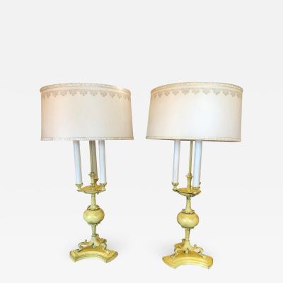 1940s Hollywood Regency Yellow Tole Bouillotte Lamps with Custom Shade a Pair