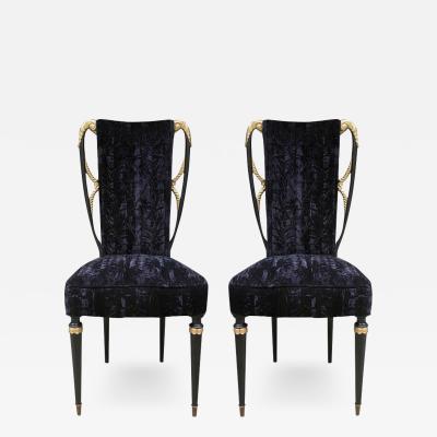 1940s Italian Late Art Deco Pair Gilded Black Lacquered Chairs in Black Velvet
