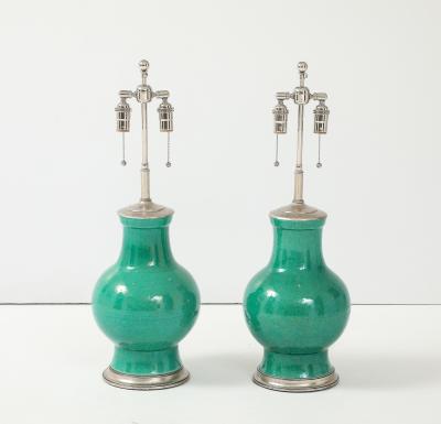1940s Pair of Large Ceramic Lamps With A Stunning Emerald Green Glaze 