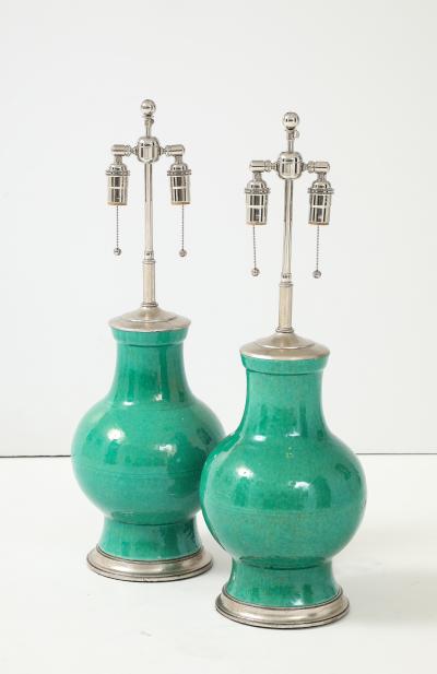 1940s Pair of Large Ceramic Lamps With A Stunning Emerald Green Glaze 