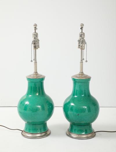 1940s Pair of Large Ceramic Lamps With A Stunning Emerald Green Glaze 