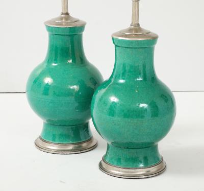 1940s Pair of Large Ceramic Lamps With A Stunning Emerald Green Glaze 