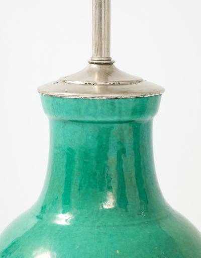 1940s Pair of Large Ceramic Lamps With A Stunning Emerald Green Glaze 