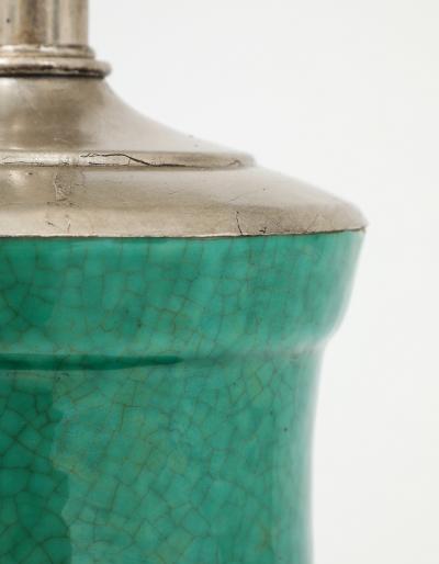 1940s Pair of Large Ceramic Lamps With A Stunning Emerald Green Glaze 