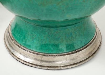 1940s Pair of Large Ceramic Lamps With A Stunning Emerald Green Glaze 